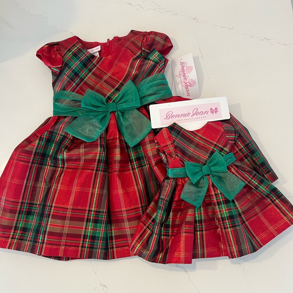 New Bonnie Jean 2T Christmas dress with matching doll dress